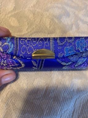 Blue Floral Jacquard Lipstick Case with Gold Closure
